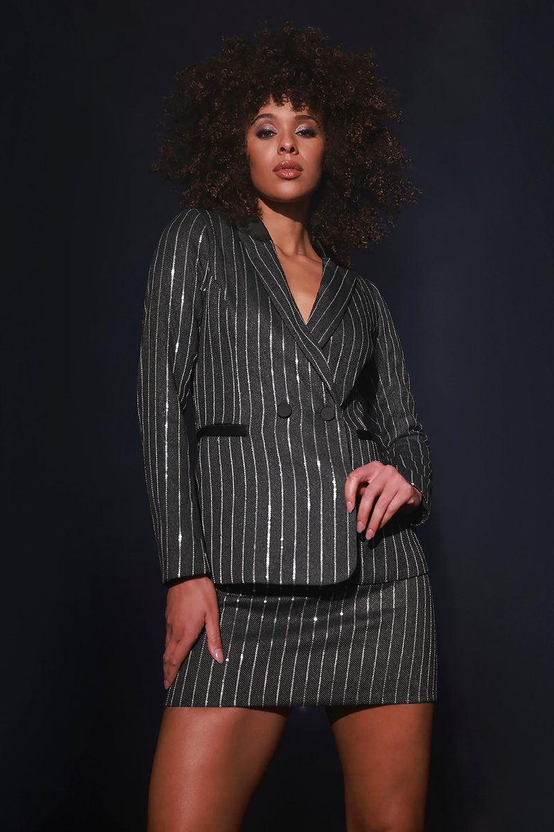 Stripe Sequins Double Breasted Blazer