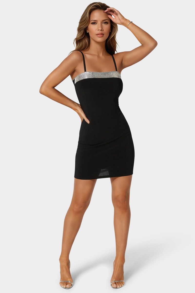 Rhinestone Trim Jersey Short Dress