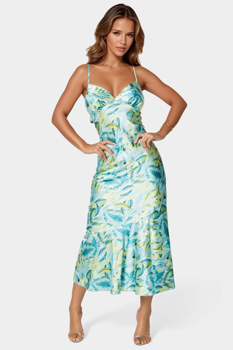 Printed Satin Flounce Maxi Dress
