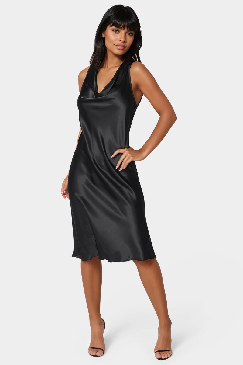 Drape Front Sleeveless Satin Midi Dress