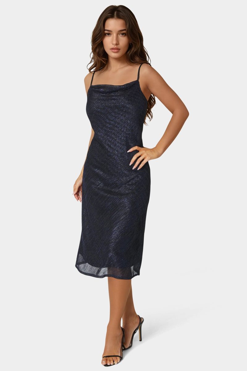 Pleated Cowl Neck Midi Dress