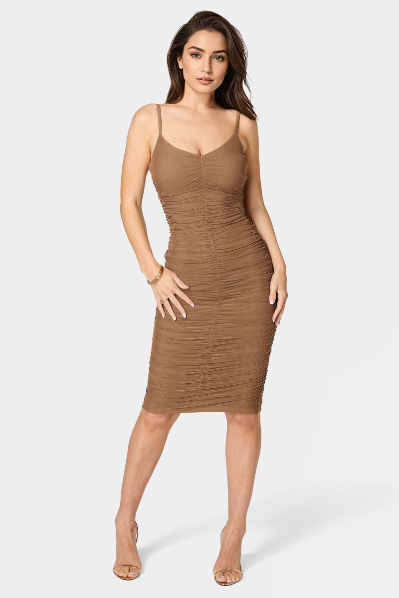 Ruched Mesh Midi Dress