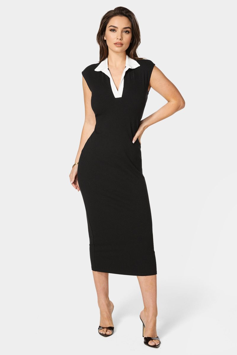 Colorblock Rib Column Dress With Collar