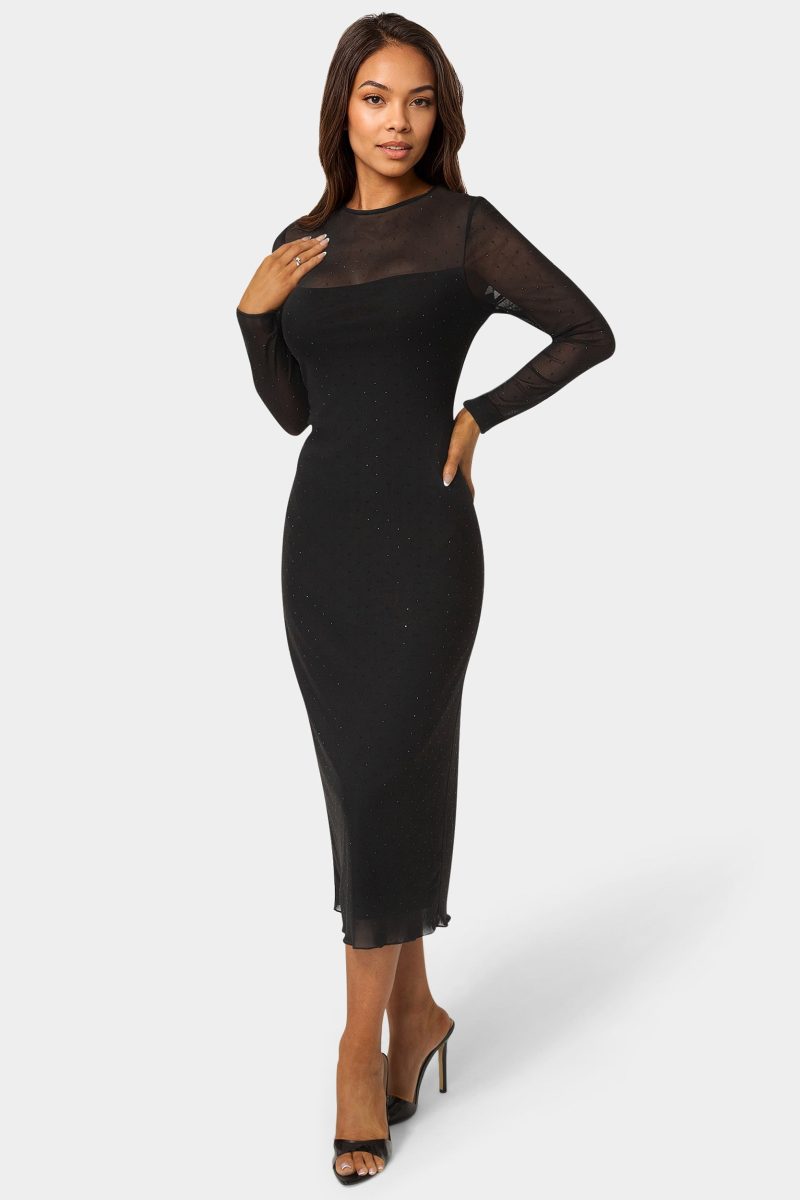 Rhinestone Mesh Long Sleeve Maxi Dress