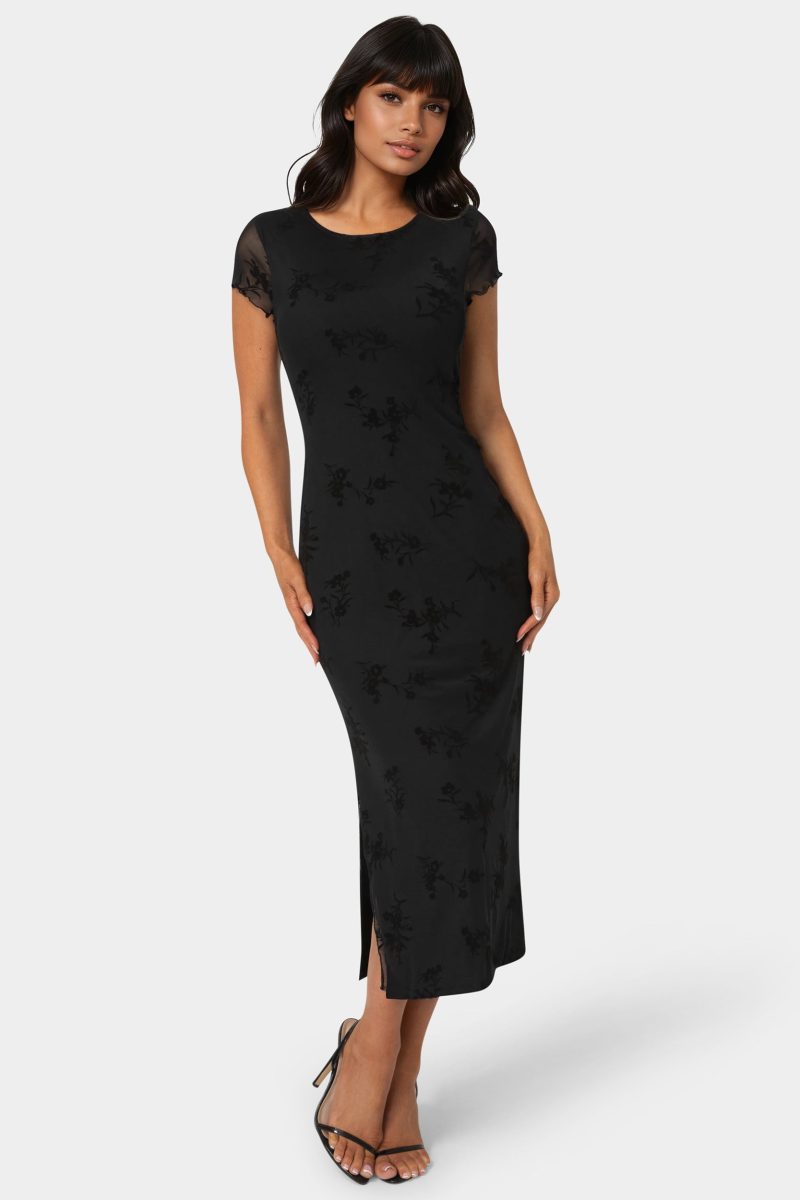 Flocking Mesh T-Short Maxi Dress