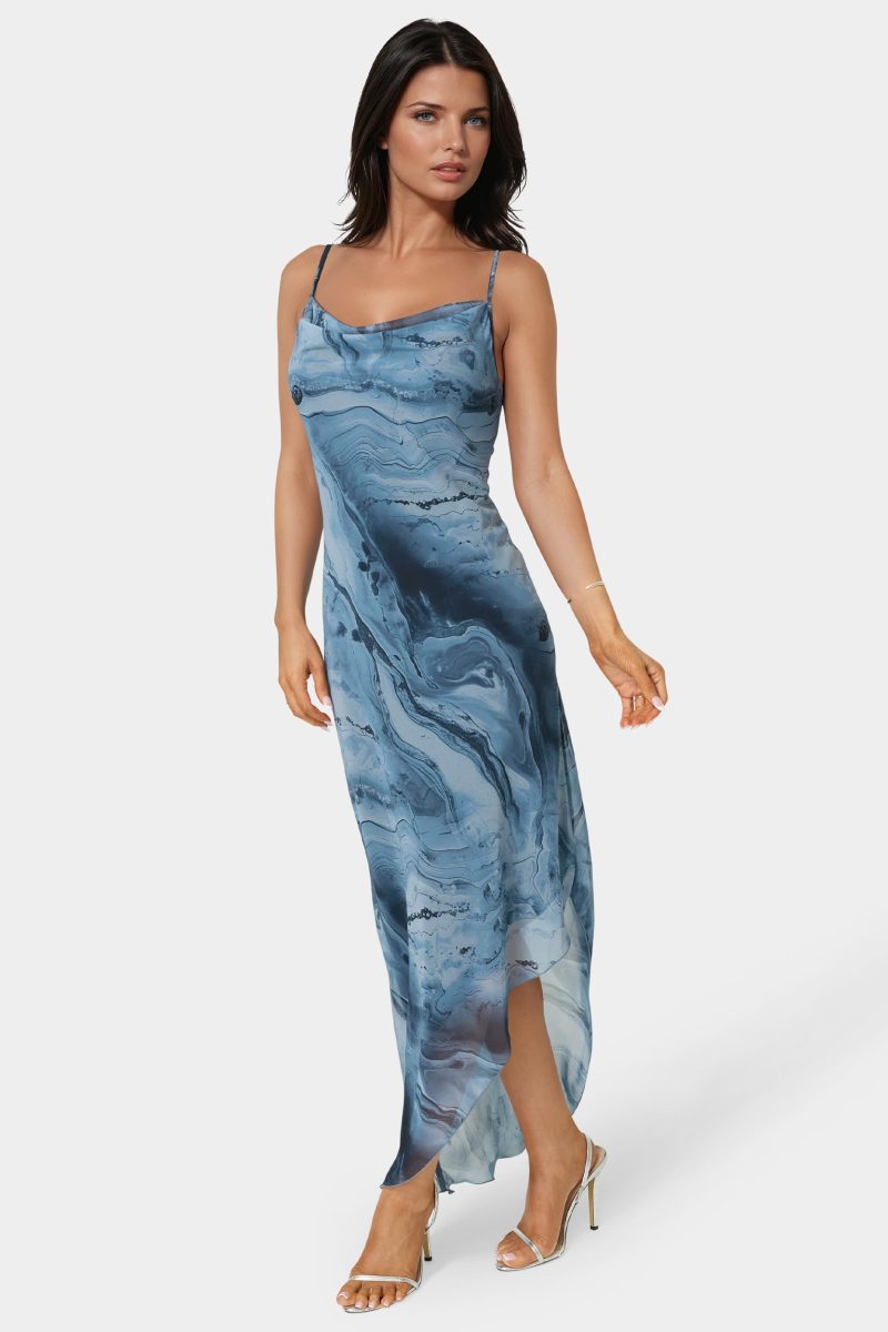 Printed Chiffon Cowl Asymmetrical Maxi Dress