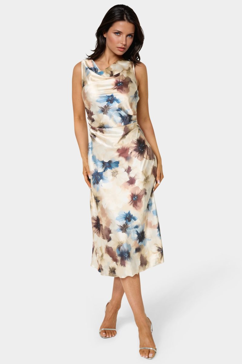 Printed Satin Cowl Maxi Dress