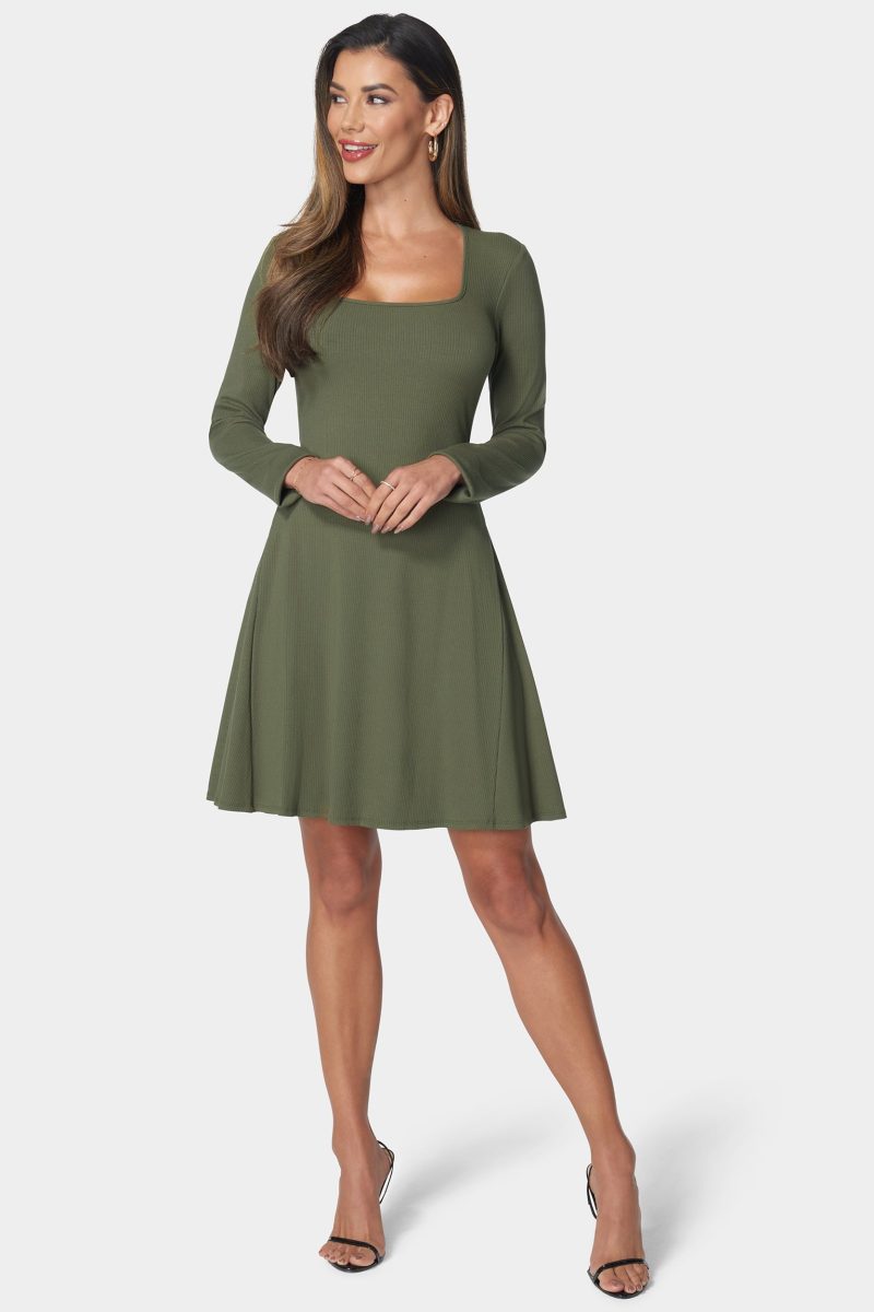 Rib Long Sleeve Godet Dress