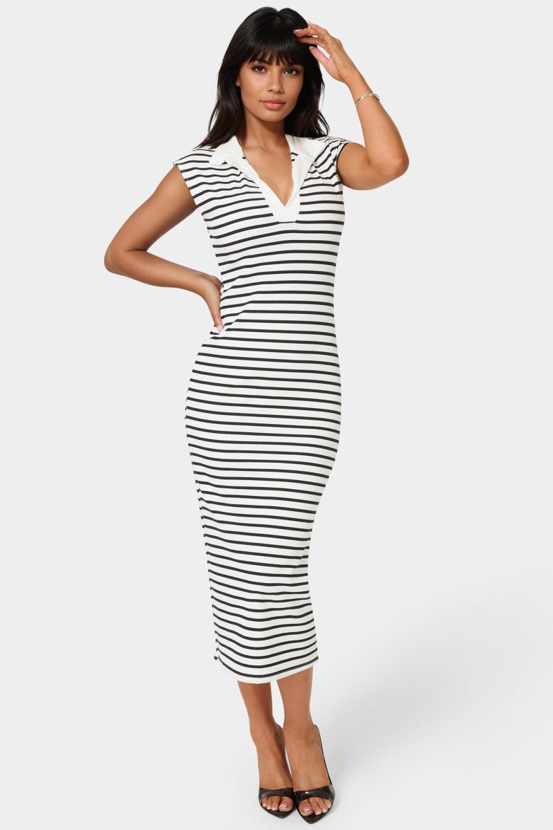 Stripe Rib Column Dress with Collar