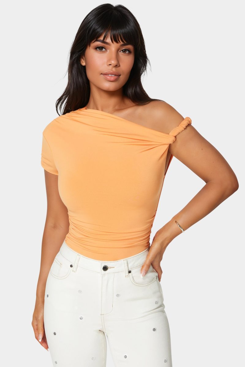Asymmetrical Shoulder Ruched Bodysuit