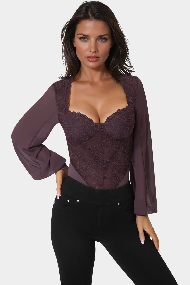 Lace Chiffon Long Sleeve Bodysuit