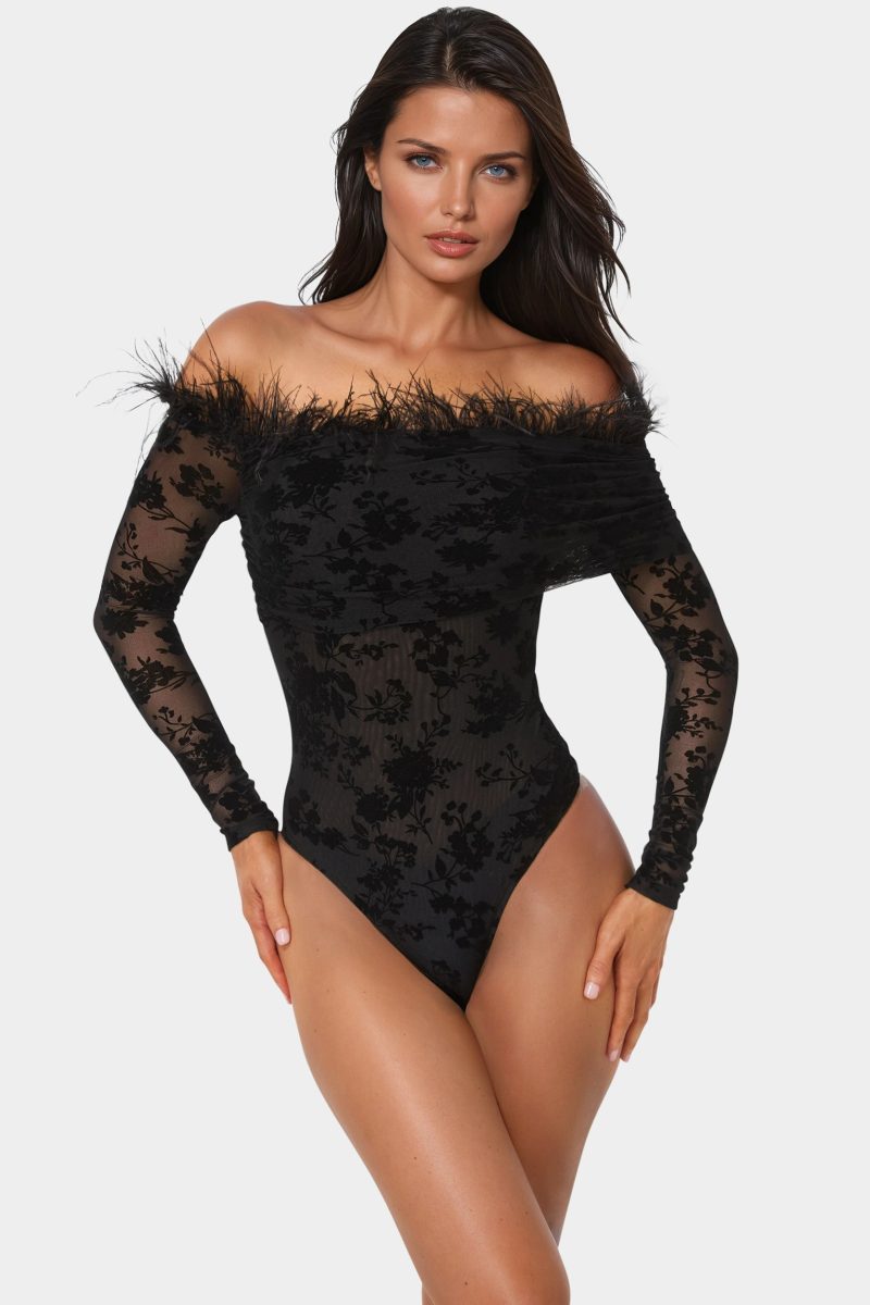 Off Shoulder Feather Bodysuit