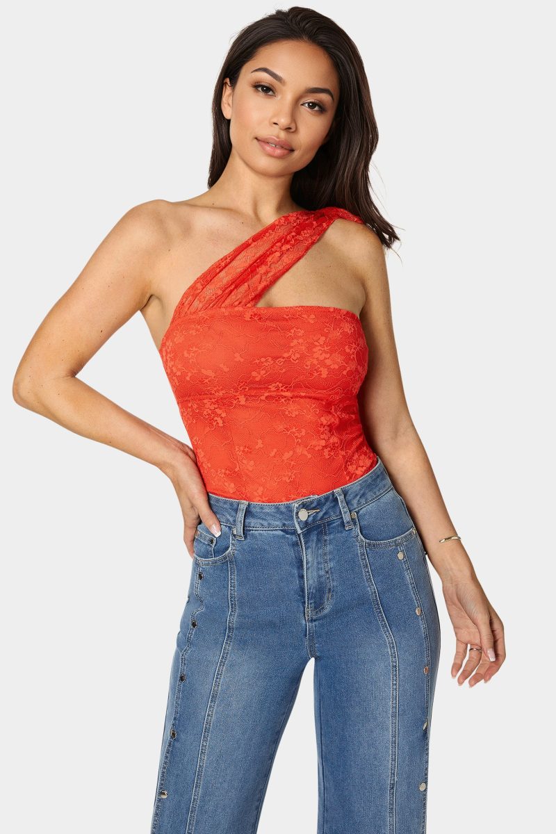 One Shoulder Ruffle Lace Bodysuit