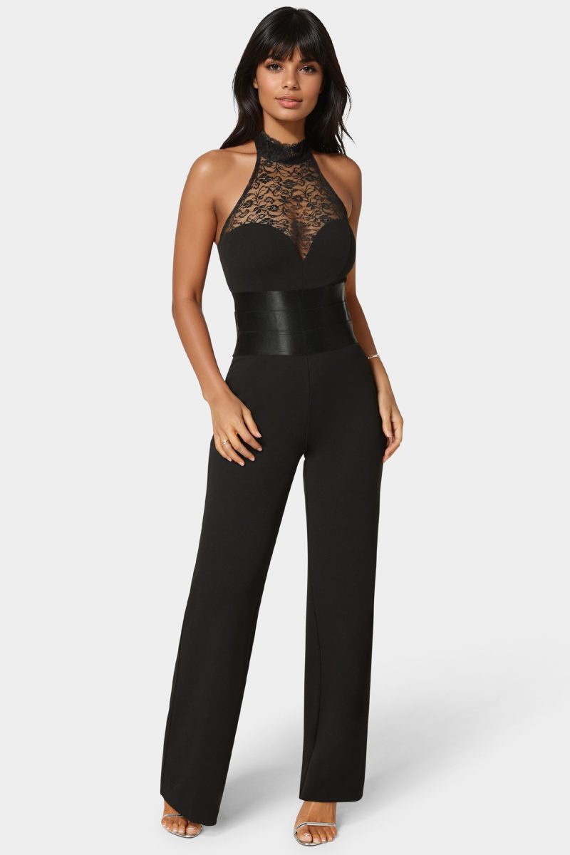 Lace Piecing  Straight Flared Leg Jumpsuit