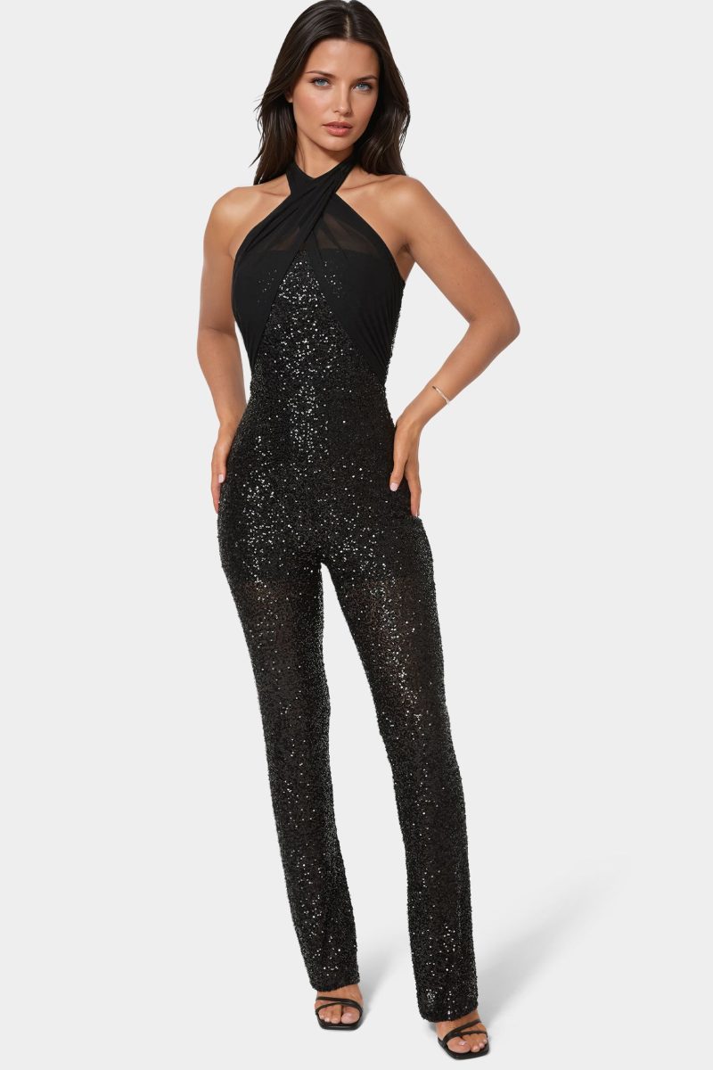 Sequin Halter Mini Flare Leg Jumpsuit
