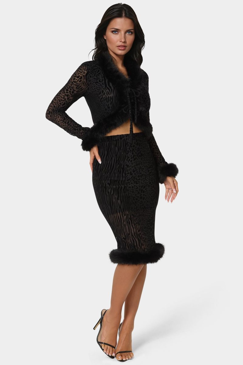 Animal Mesh Faux Fur Trim Midi Skirt