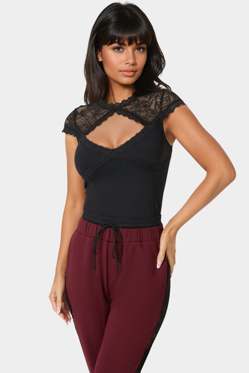 Lace Cap Sleeve Rib Knit Top
