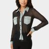 Button Down Mesh Denim Top