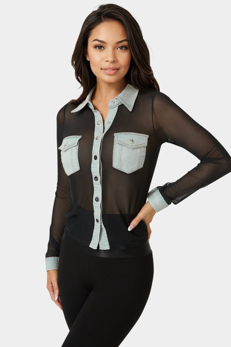 Button Down Mesh Denim Top