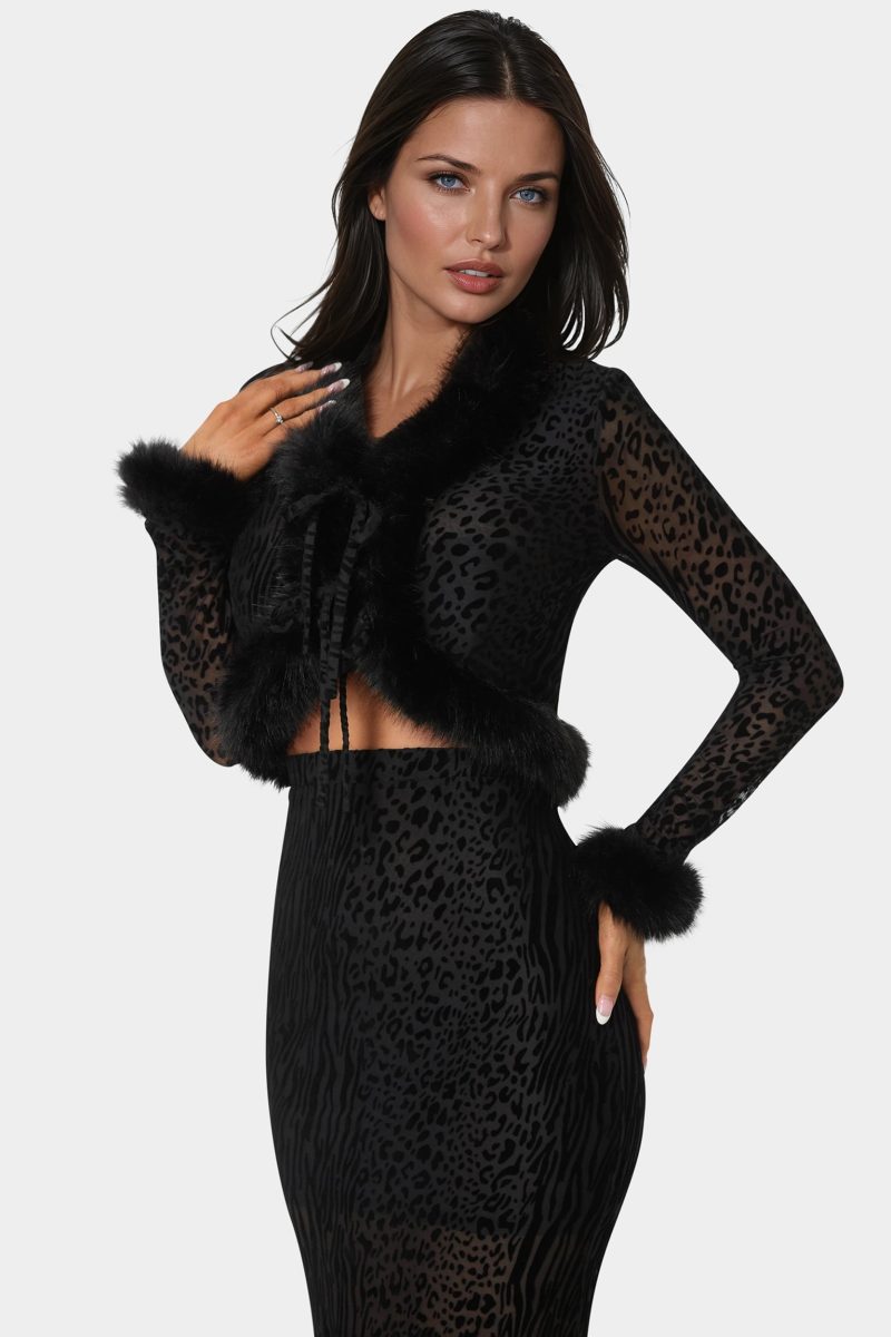 Animal Mesh Faux Fur Trim Long Sleeve Top
