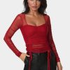Stretch Mesh Shirring Long Sleeve Top
