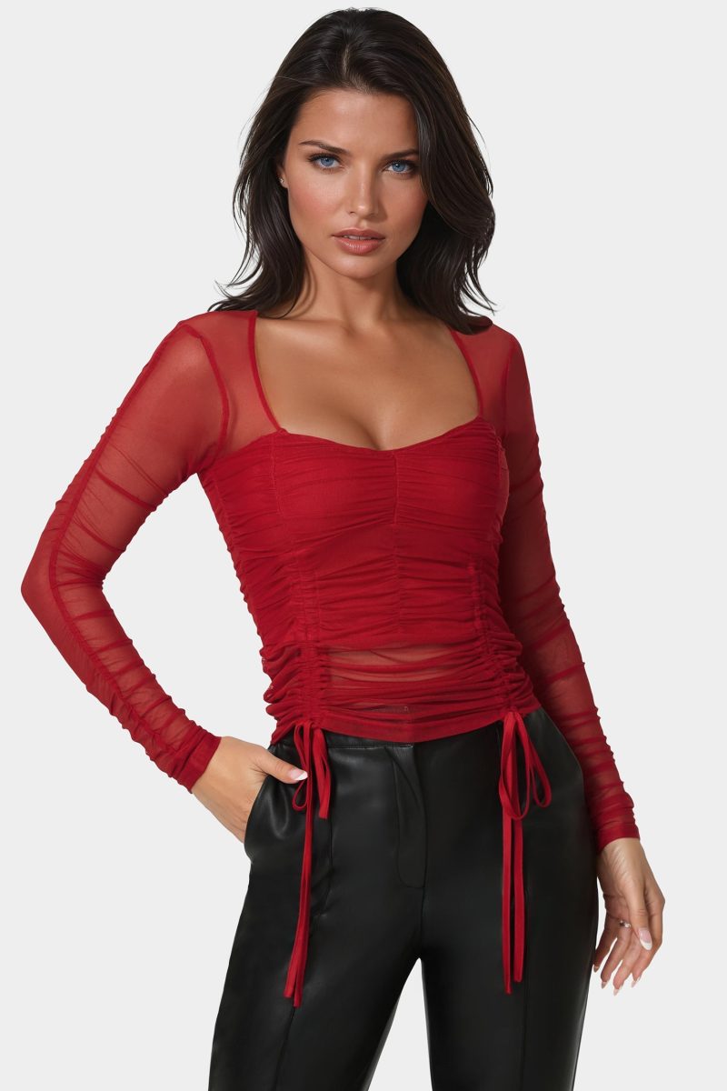 Stretch Mesh Shirring Long Sleeve Top