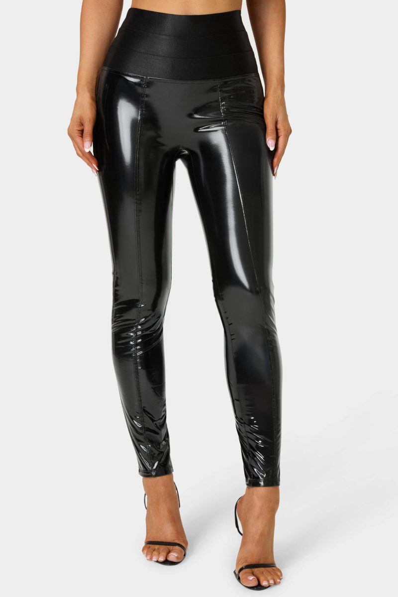 High Waist Elastic Waistband Shiny Vegan Leather Legging