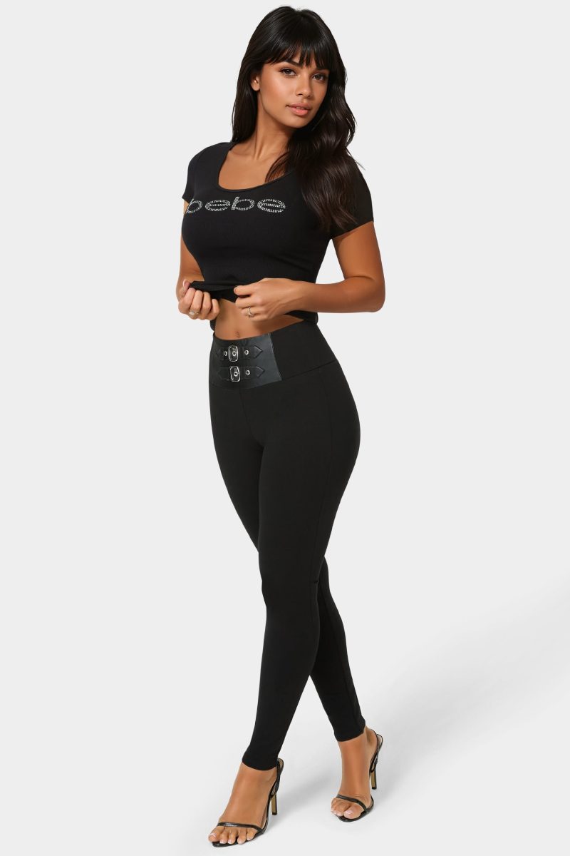 High Waist Vegan Leather Belt Legging
