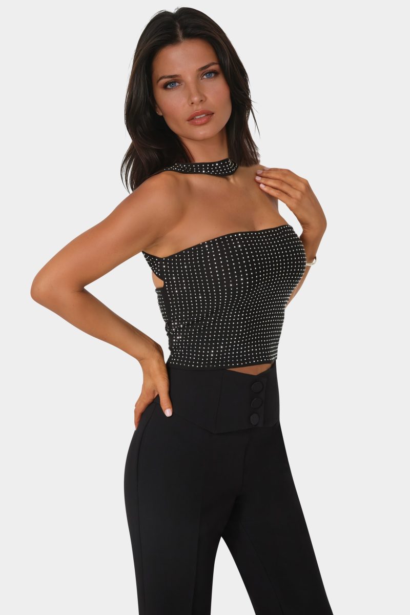 Rhinestone Mesh Halter Top