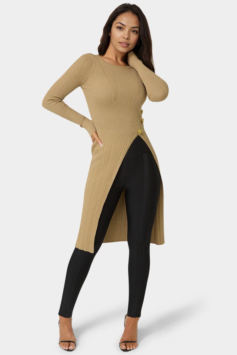 Long Body Side Slit Lurex Sweater Top