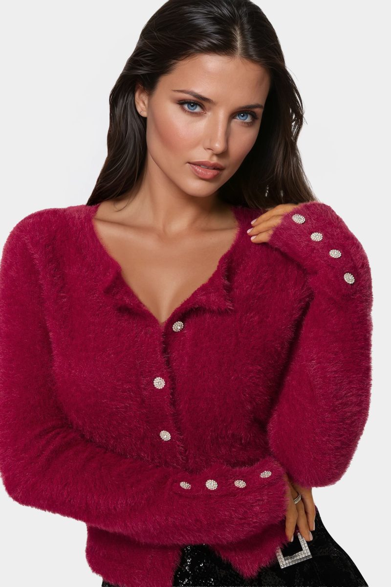 Jewel Button Fuzzy Cardigan