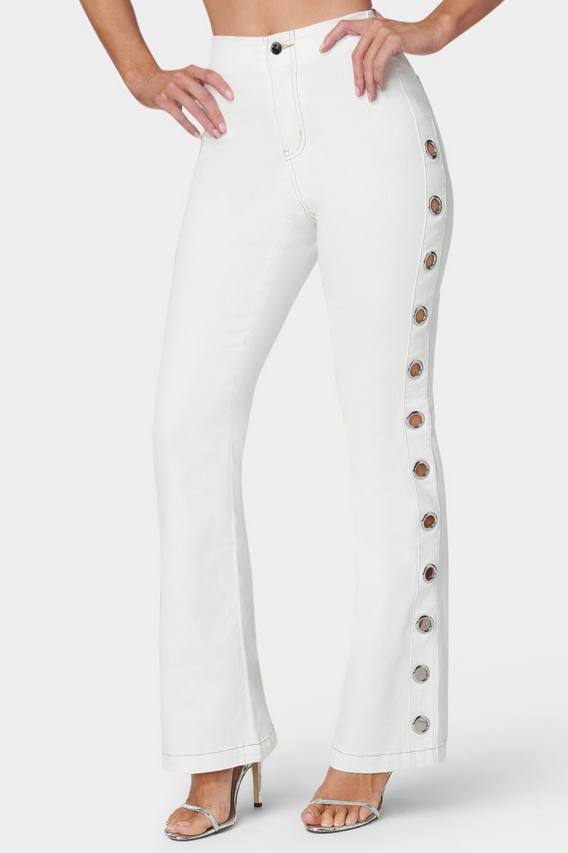 White High Waist Flared Grommet Jeans