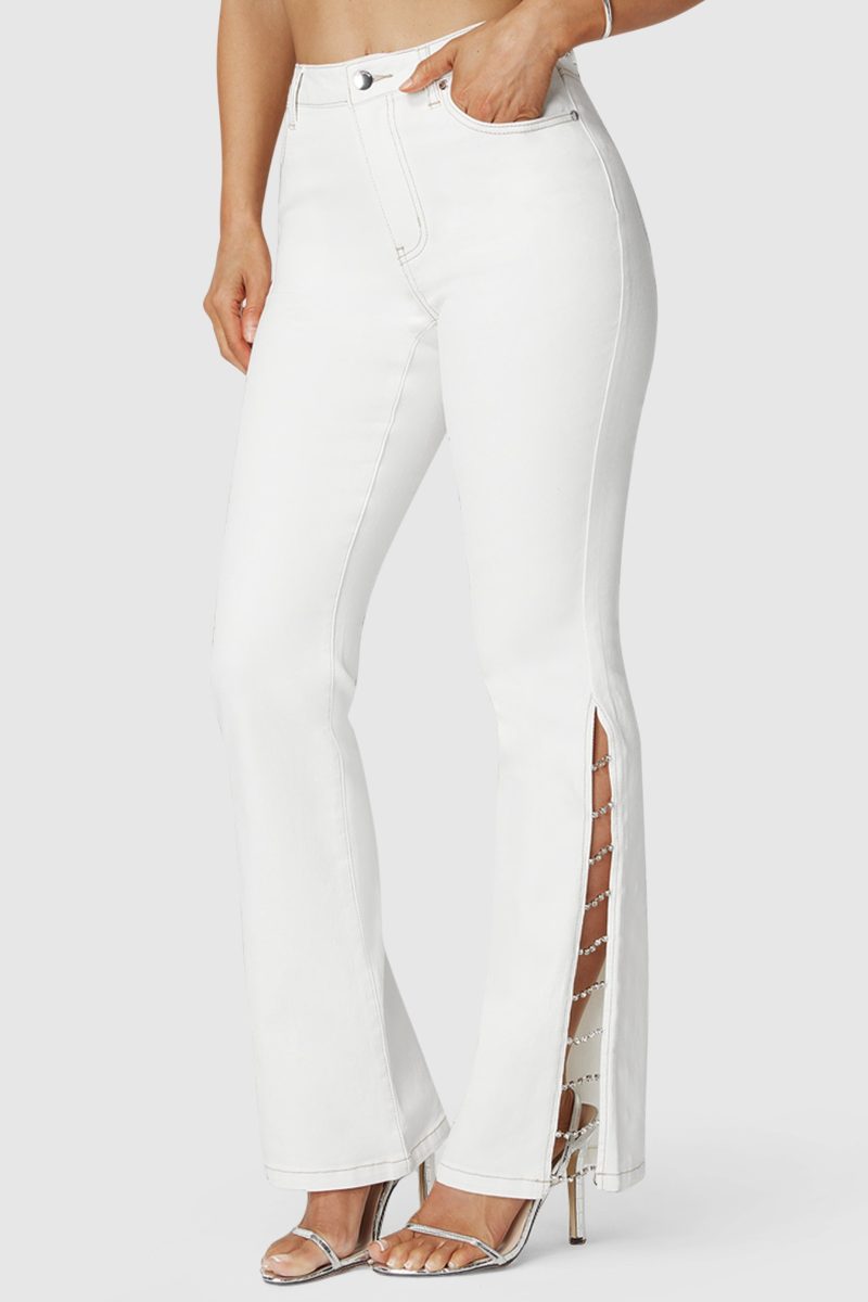 White High Waist Embellished Flared Leg Jeans