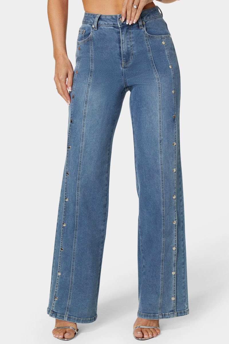 High Waist Snap Detail Wide Leg Jeans