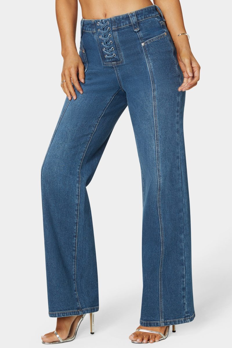 Natural Waist Lace Up Wide Leg Jeans