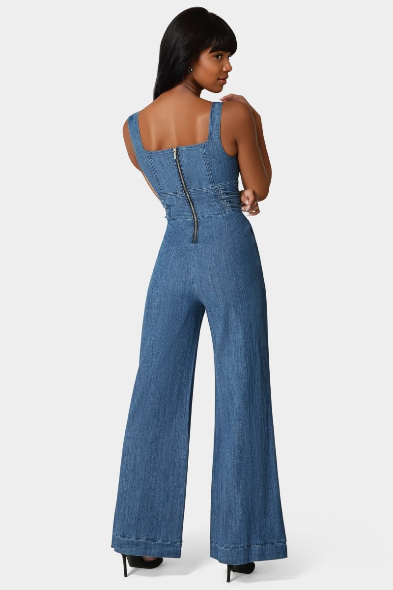 Lace Up Wide Leg Denim Jumpsuit