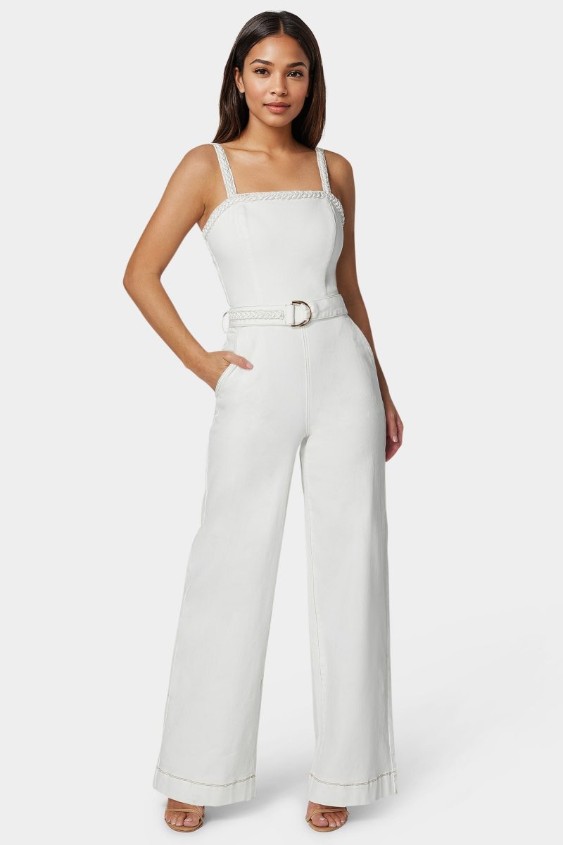 White Braided Wide Leg Denim Jumpsuit