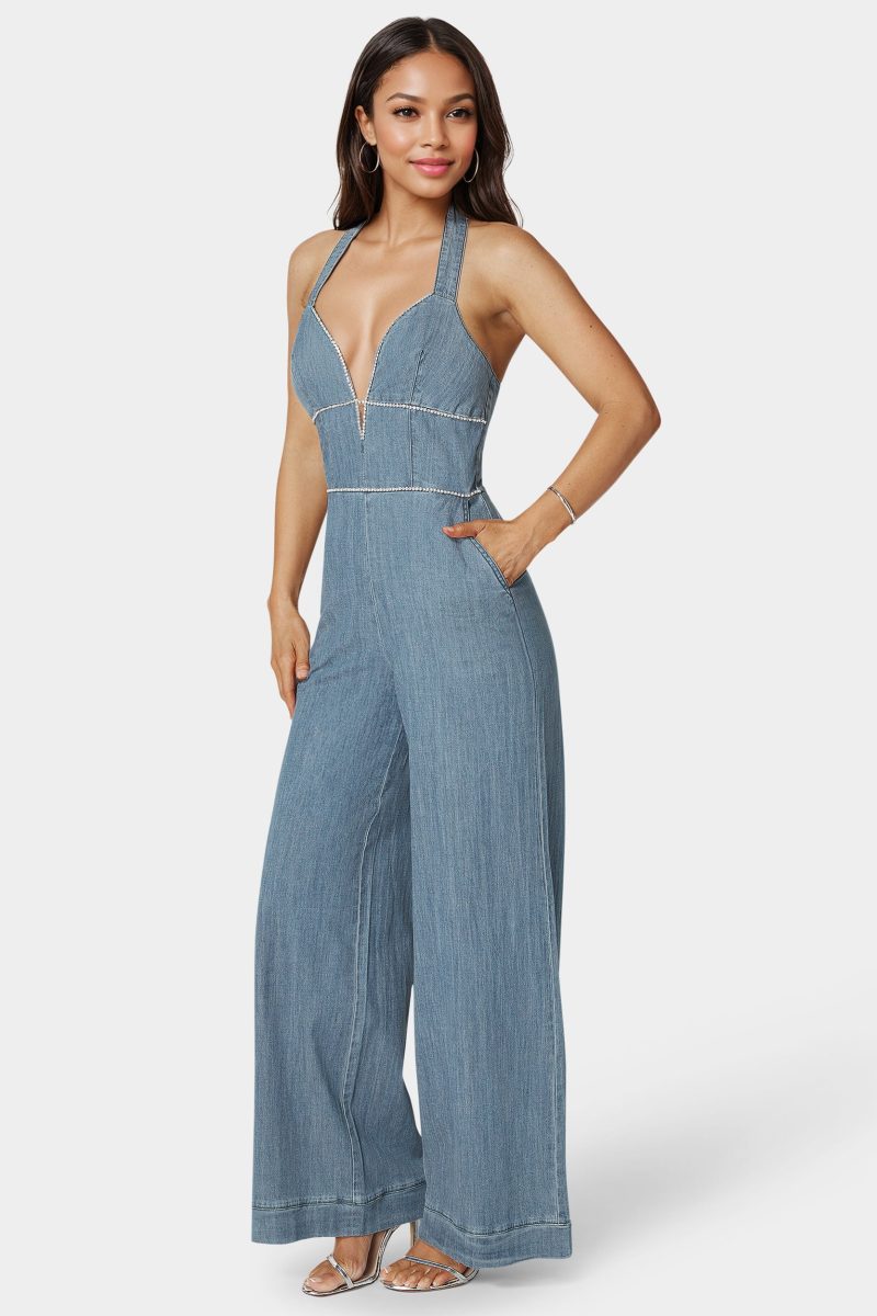 Embellished Wide Leg Halter Denim Jumpsuit