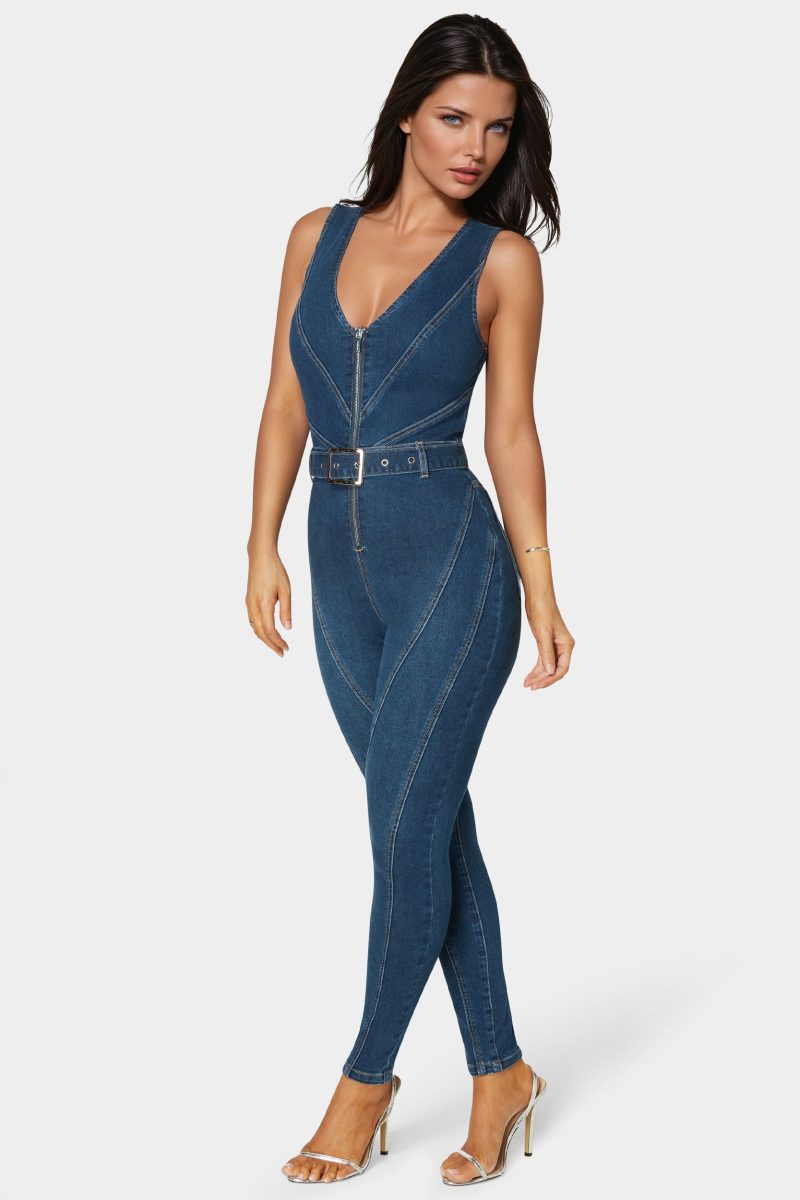 Belted Skinny Leg Denim Jumpsuit