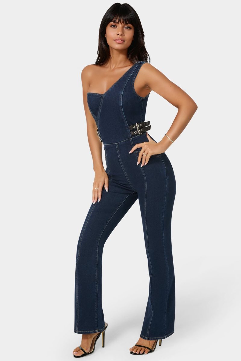 One Shoulder Straight Flare Leg Denim Jumpsuit