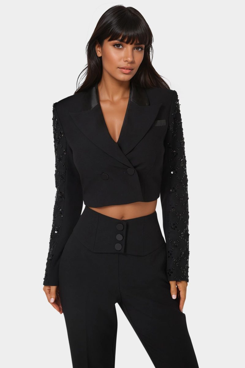 Tailored Beaded Sleeves Cropped Blazer
