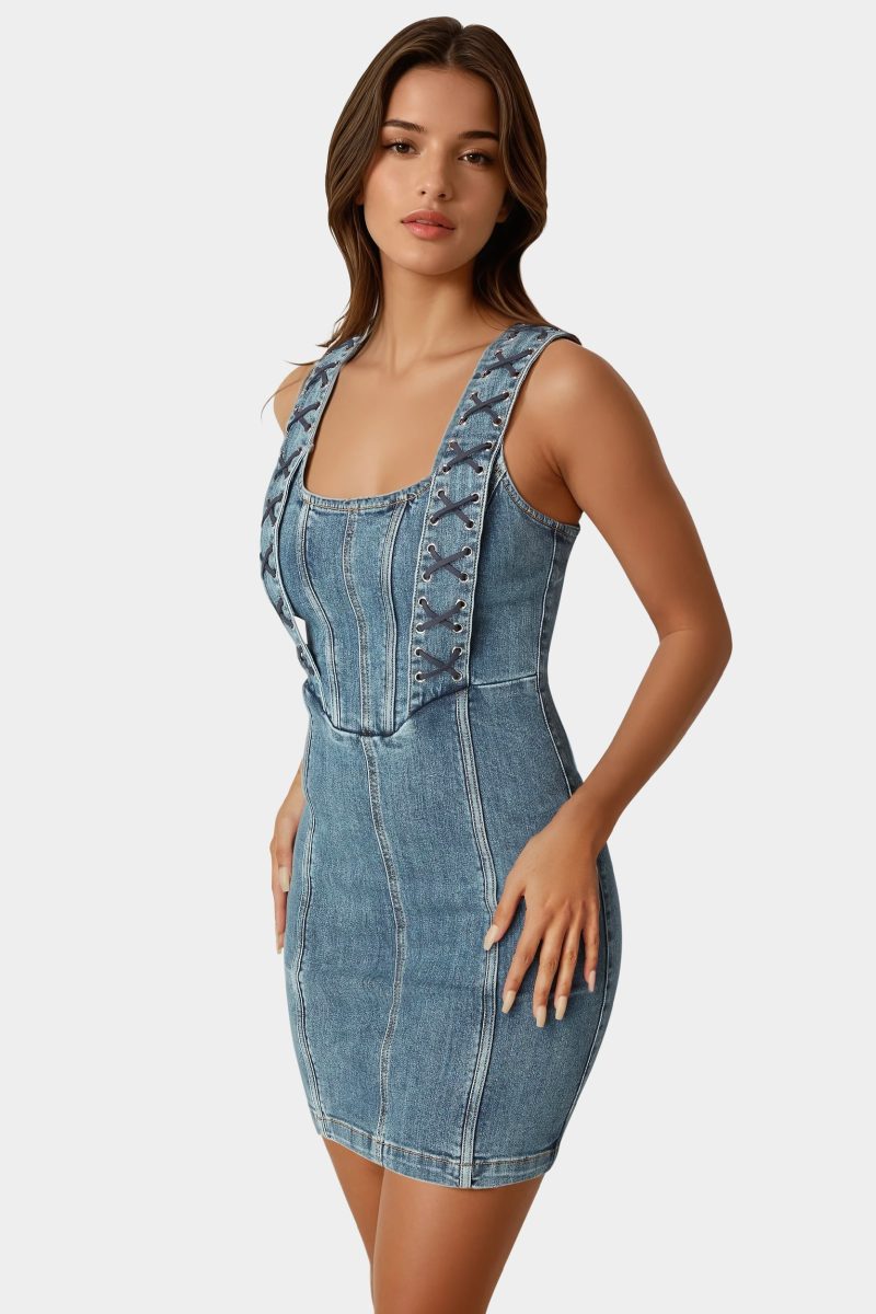 Bow Fitted Eyelet Denim Dress