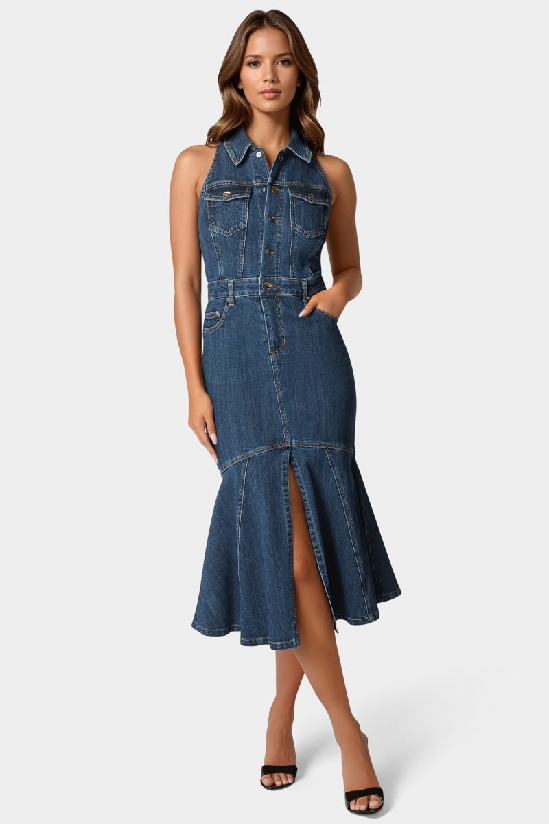 Halter Midi Denim Dress