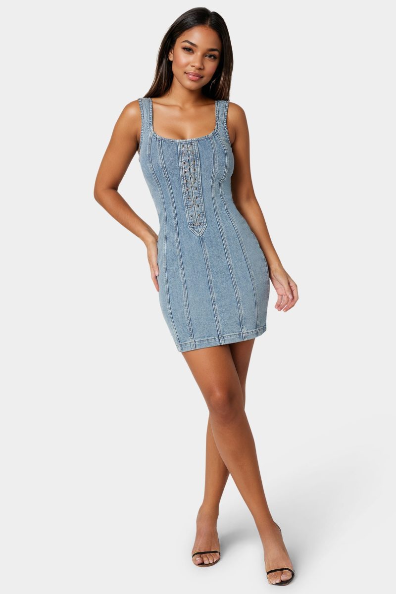 Fitted Lace Up Denim Dress