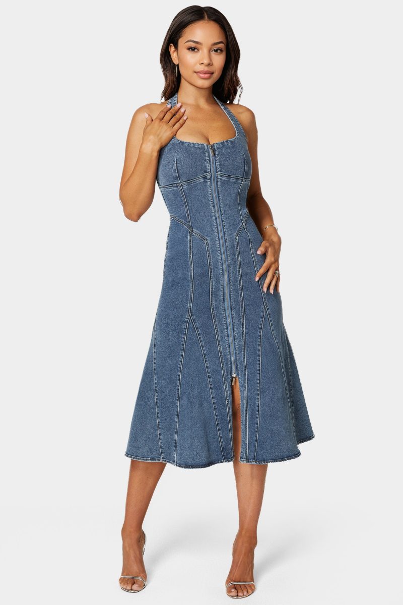 Halter Front Zipper Midi Denim Dress