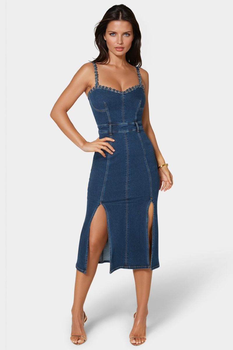 Neckline Chain Trim Midi Denim Dress