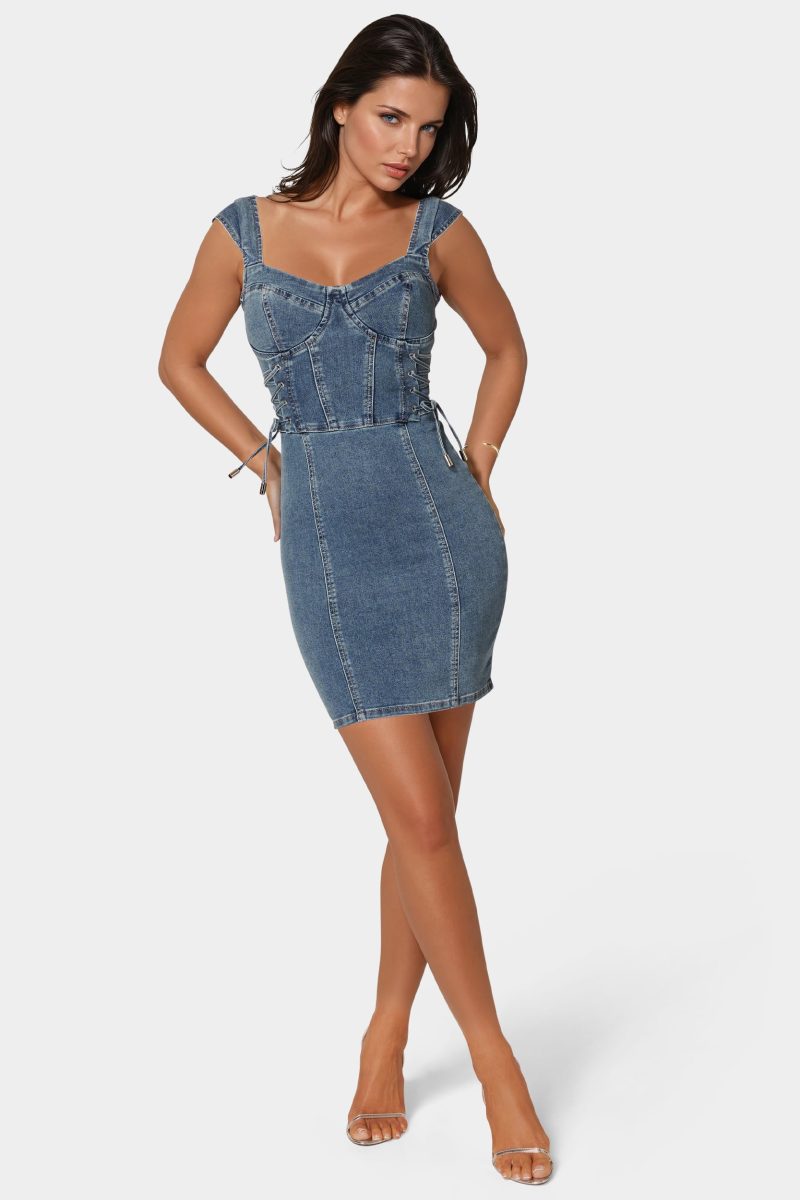 Lace Up Mini Denim Dress