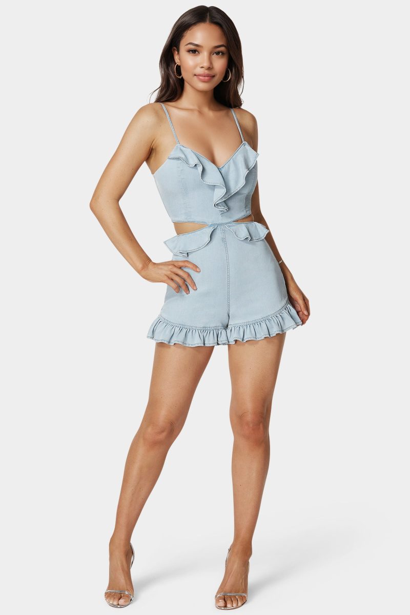 Ruffled V Neck Denim Romper