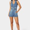Light Weight Front Zipper Denim Romper