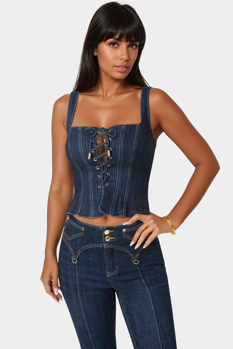 Lace Up Corset Denim Top
